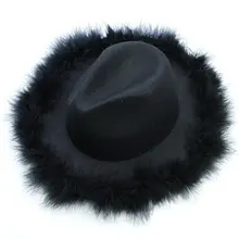 [La MaxPa] 3 цвета Новая мода зима теплая Женская шерстяная шляпа fedora широкий страус перо джазования с полями шляпы Панама chapeu fedora