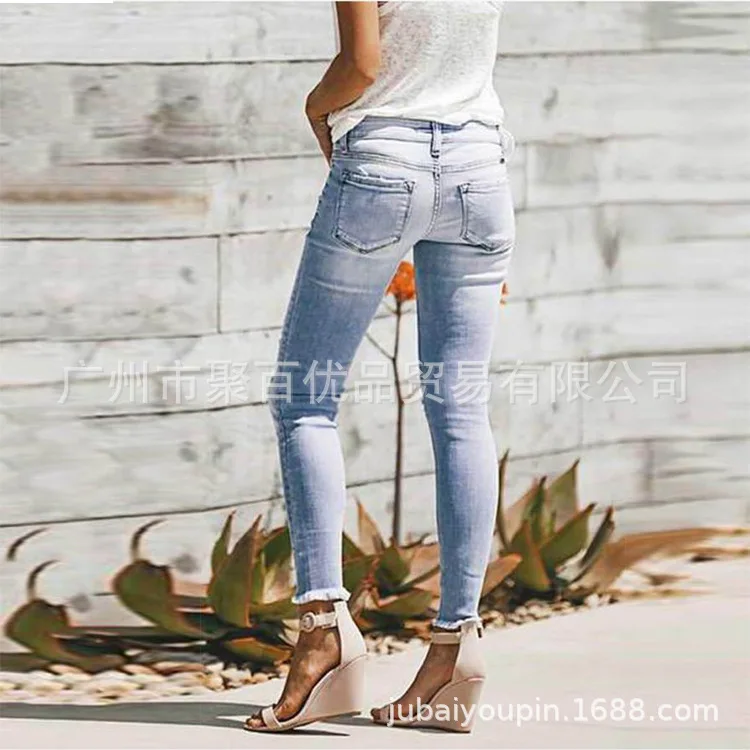 Модные однотонные джинсы женские офисные женские рваные джинсы с высокой талией длиной до щиколотки обтягивающие отбеленные узкие брюки
