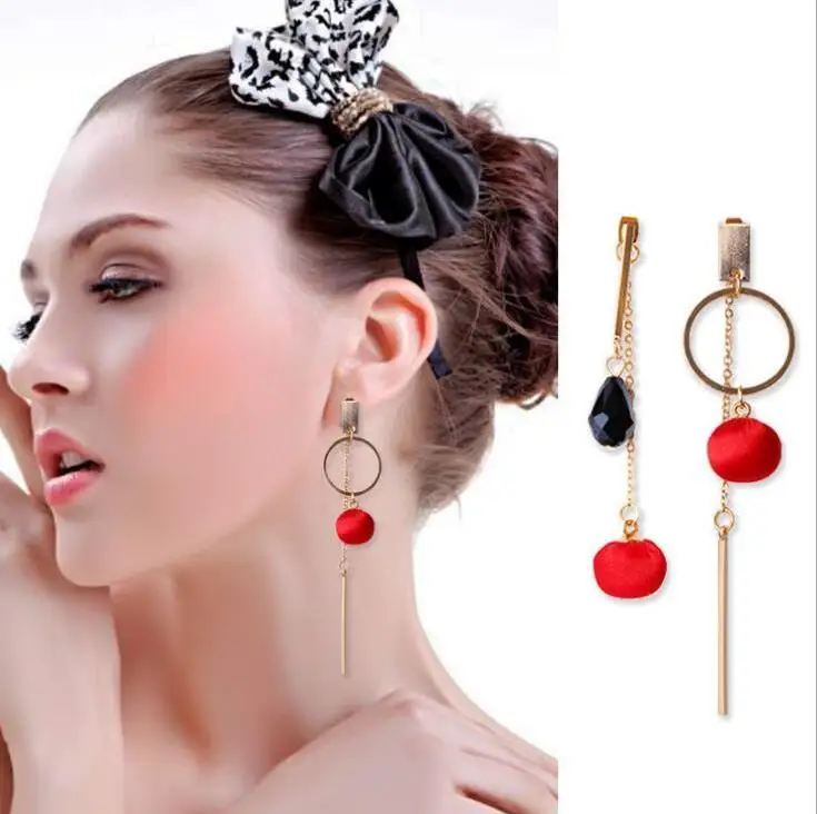 Korean Crystal Ball Round Tassel Asymmetric Earrings Big Earrings