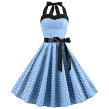 2019 Retro Polka Dot Hepburn Vintage Sexy Halter Party Dress 50s 60s Pin Up Rockabilly Dresses Robe Plus Size Elegant Midi Dress retro color block polka dot pin up dress