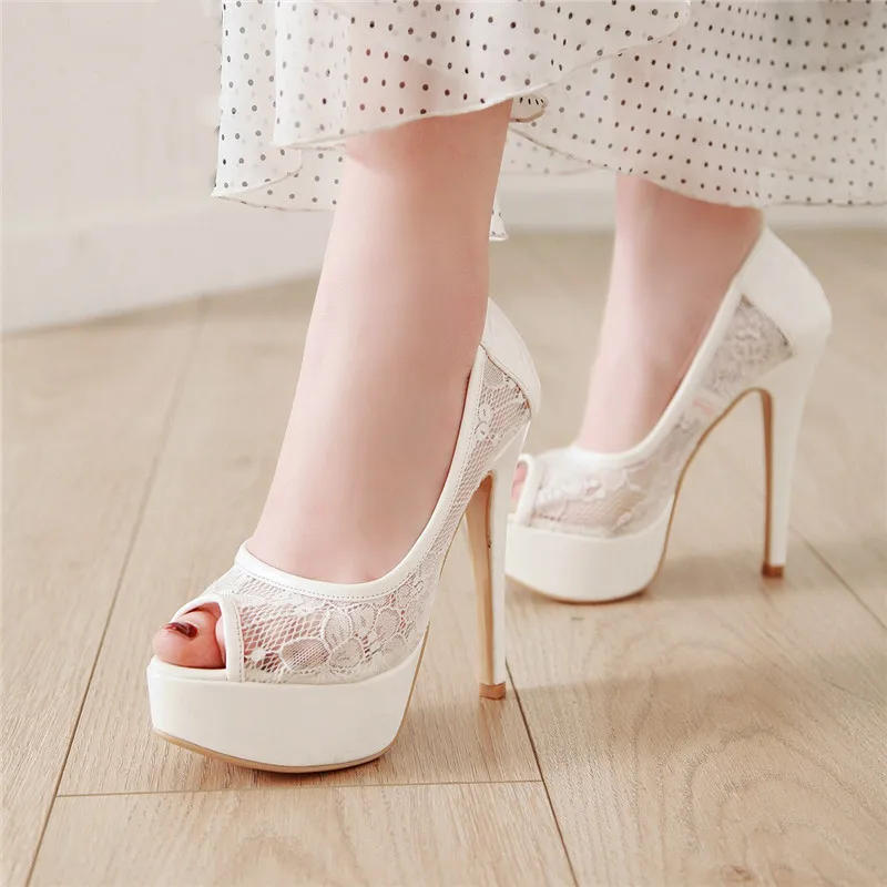 

YMECHIC 2024 Lace Flower Slip on Peep Toe Sexy Super High Heels Stiletto White Pink Black Wedding Party Shoes Summer Plus Size