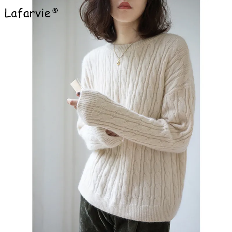Lafarvie New Elegant Knitted Cashmere Sweater Women Tops Autumn Winter O-neck Loose Thick Pullover Female Casual Warm Pull Femme