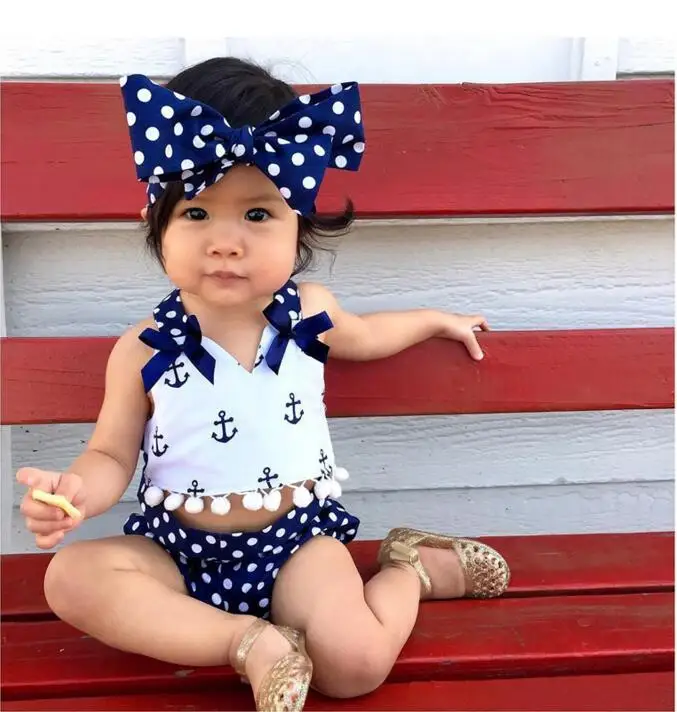 fresh baby girls anchor pom pom swimwear toddler girls polka dots 3pcs