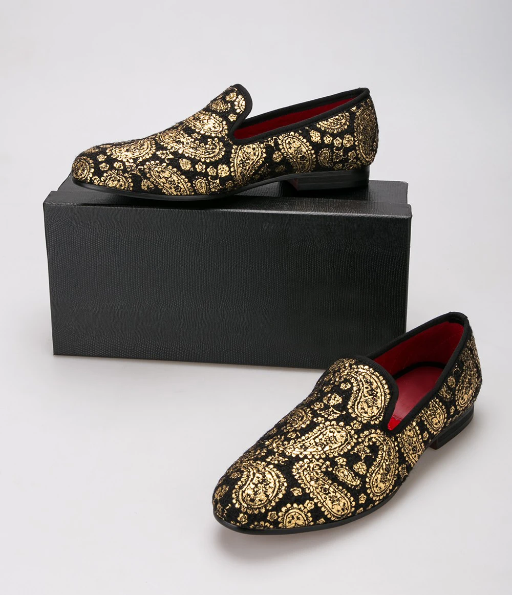 Мужские бархатные туфли с золотым принтом «кешью»; вечерние и свадебные лоферы в британском стиле; Мужские модельные туфли