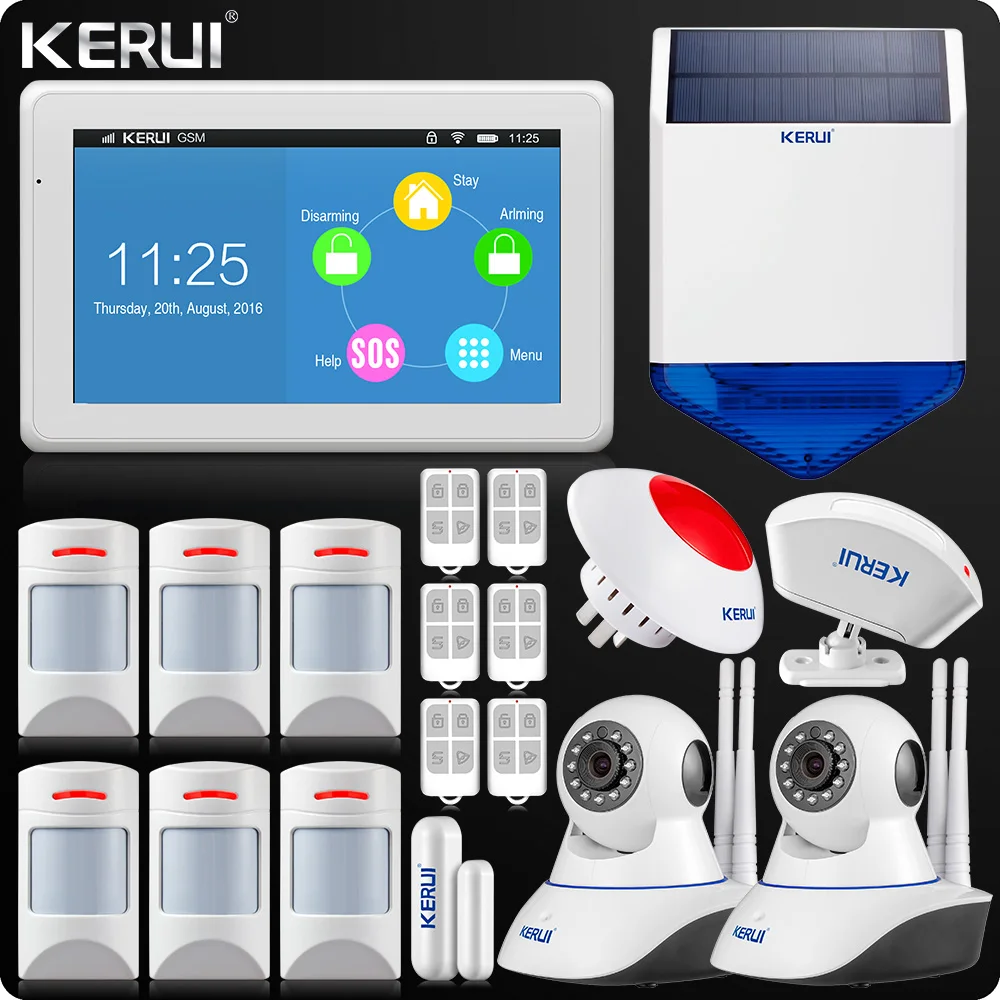 

KERUI Touch Screen 7 Inch TFT Color Display WIF GSM Alarm System Anti-pet Motion Dual Antenna Wifi IP Camera Solar Flash Siren