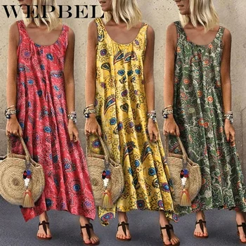

WEPBEL Women Summer Off Sholuder Round Neck Printed Big Swing Loose Casual Plus Size Holiday Beach Long Dress