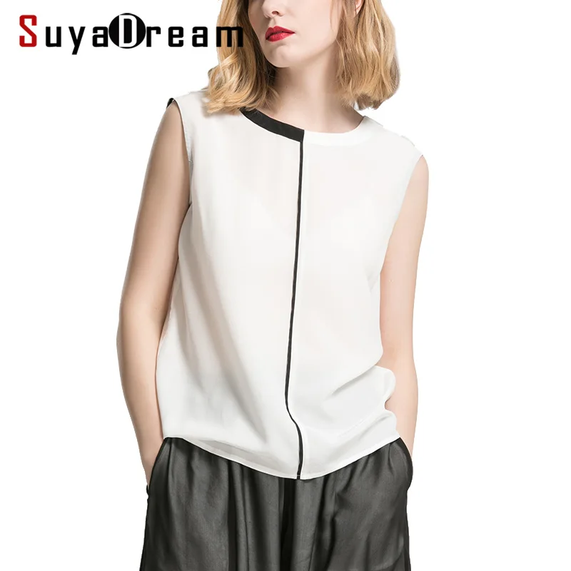 

Women Silk Shirt 100% REAL SILK Solid Sleeveless Summer T shirt 2019 new Top White