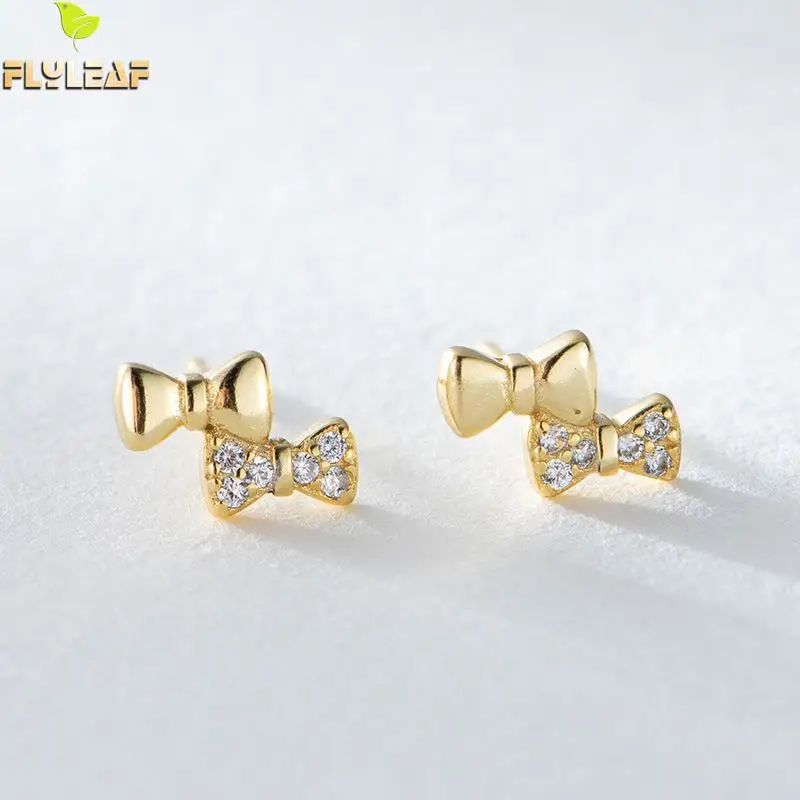 

Flyleaf 100% 925 Sterling Silver Two Bowknot Cubic Zirconia Stud Earrings For Women Fashion Party Jewelry