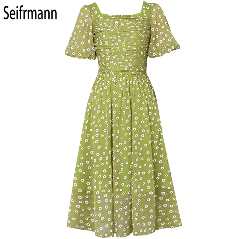 Seifrmann модное подиумное весенне-летнее винтажное платье средней длины женские драпированные элегантные цветочные печатные сбора талии эластичные платья