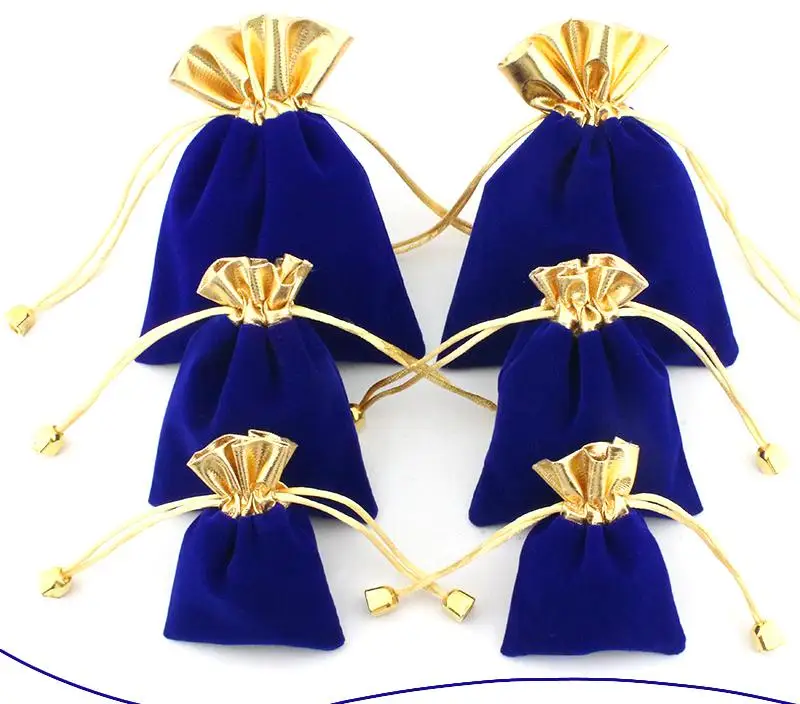 

Blue Velvet bag with gold mouth 7x9cm 9x12cm 12x16cm pack of 50 can print logo Jewelry Packaing Pouch