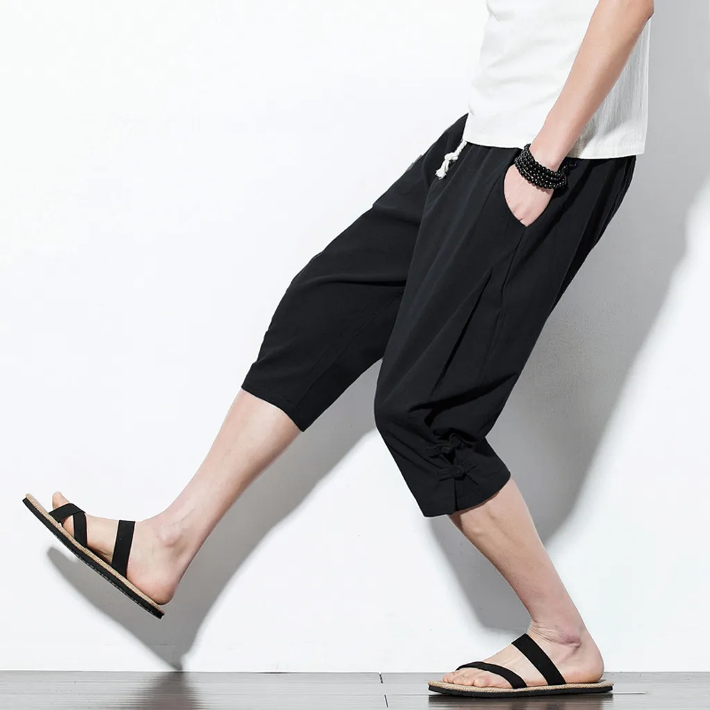 2019 New Beach Pants Men Summer Fashion Leisure Pure Color Button Linen Loose Baggy Elastic Waist 3