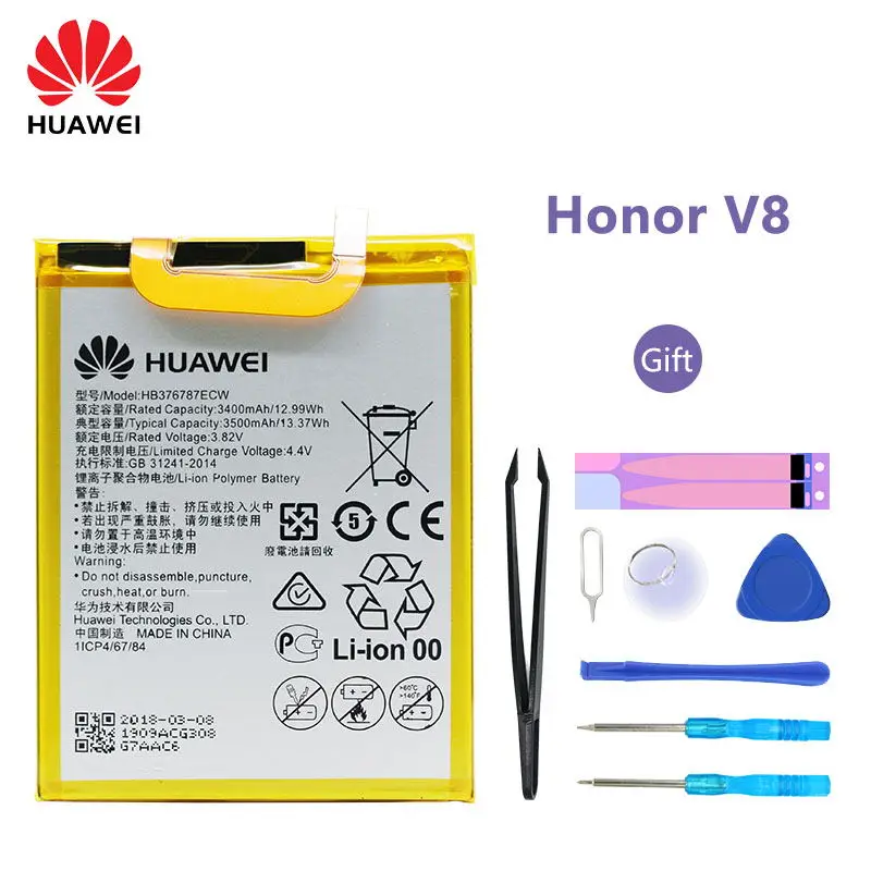 100% Оригинальный аккумулятор Huawei для Honor V8 3500 мАч HB376787ECW Оригинал запасная батарея