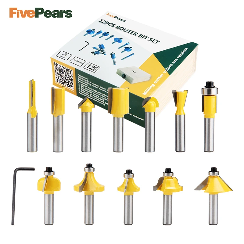 Conjunto de Bits Carboneto de Tungstênio Cortador de Bits Conjunto com Caixa de Madeira para Madeira Fiveperas Roteador Profissional Shank 12 Pçs 8mm