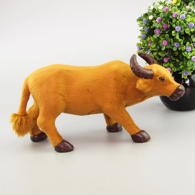 

plastic& furs yellow cattle with round horn, toy model 26x9x13cm, home decoration Xmas gift w5798