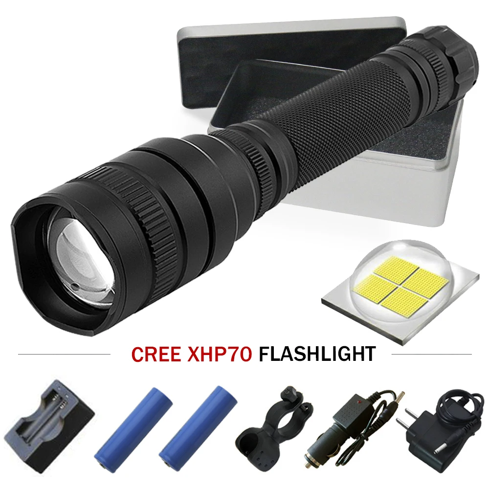 

Powerful LED flashlight Tactical Zoom torch XHP70 flashlight Rechargeable Lantern CREE XHP70 10000lm Camping hunting lamp 18650