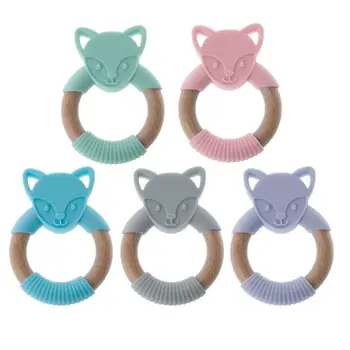 

Silicone Fox Ring Teether Wooden Ring BPA Free Nursing Accessories Newborn Shower Gifts Chewable Rattle Teething Toy Baby Care