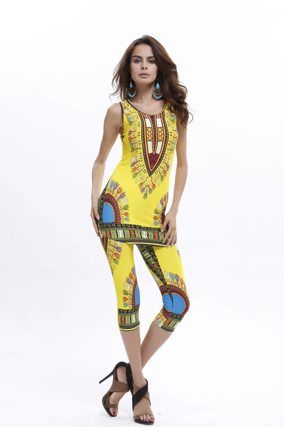 1 Sets women's street fashion ice silk large size geometric totem print vest & pants casual set clothing