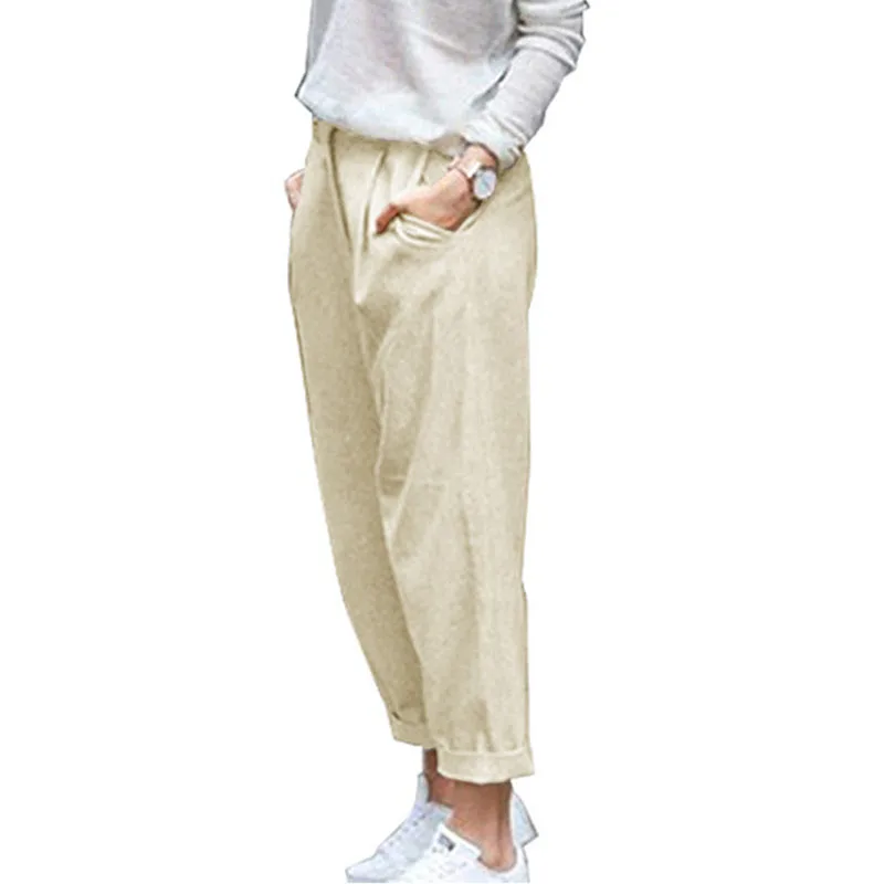 

Aswinfon Summer Pants Women Casual High Waist Elastic Waist Linen Slim Fluid Pants 7/8 Length