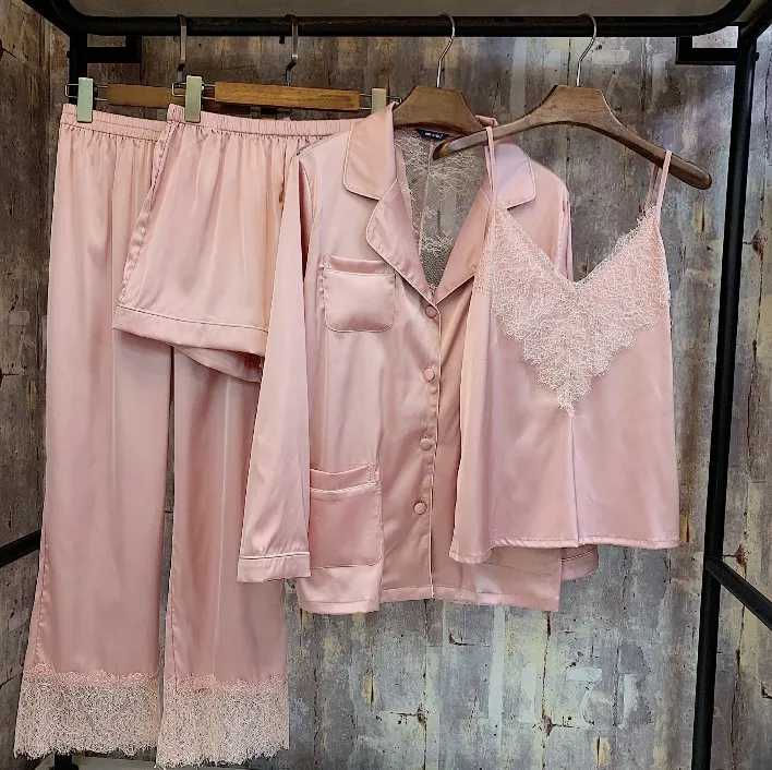 

2019 New Spring Womens Four Pieces Trousers Set Pajamas High-grade Lace Satin Silk Bathrobe Suspenders Sleepwear Home Suits