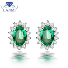 Натуральная Изумрудный Стад Серьги, одноцветное 18 К белого золота природных алмазов и Изумрудное Серьги для Для женщин WE042