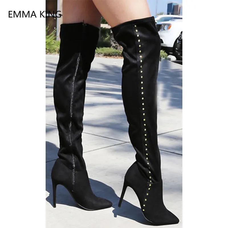 

Black Red Flock Women Over The Knee Boots Side Zipper White Rivet Pointed Toe High Heel Sexy Ladies Shoes Woman Long Knight Boot