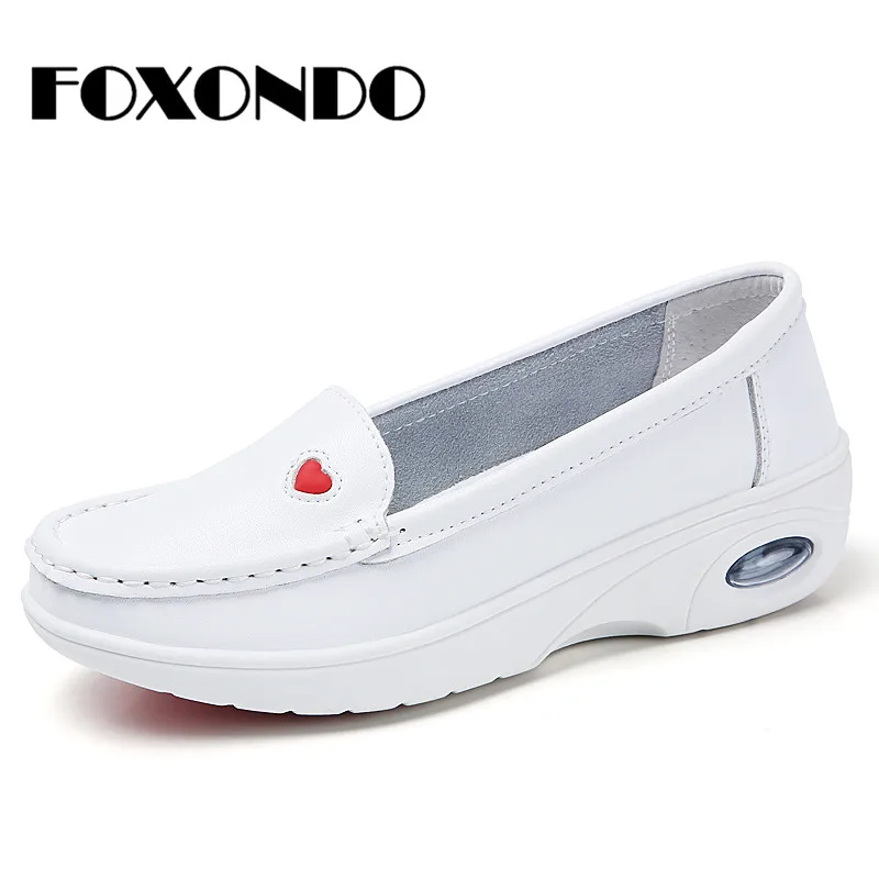 FOXONDO/Коллекция года; сезон весна-осень; женская обувь на плоской платформе для медсестры; женские повседневные кроссовки; женская обувь без шнуровки из натуральной кожи белого цвета
