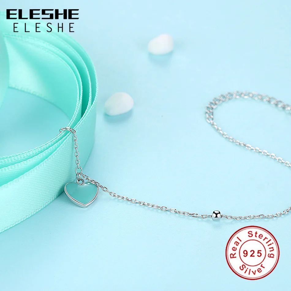 ELESHE, День Святого Валентина, голубой эмаль, сердце и круглый шар, очаровательный браслет, 925 пробы, серебряная цепочка, браслет для женщин
