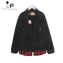 Harajuku черная джинсовая куртка женская клетчатая куртка Женская Весенняя джинсовая куртка женская одежда корейский длинный рукав женский топ