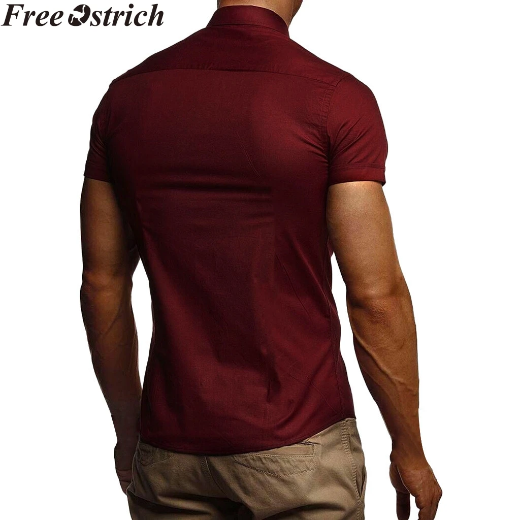 Мужская летняя рубашка с коротким рукавом облегающая Повседневная однотонная
