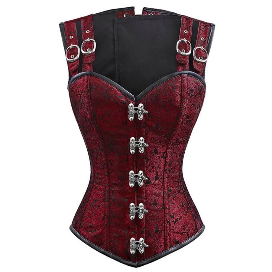 12 Steel Boned Womens Steampunk Corset Double Buckle Straps Lace Up