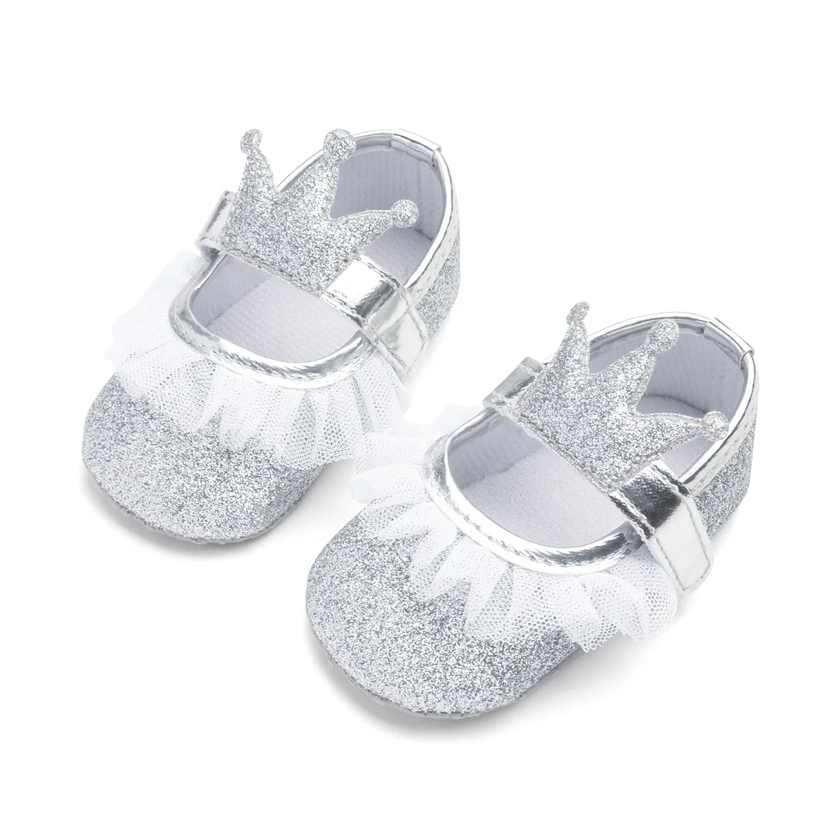 Новорожденная вечерние Вечеринка принцесса bling обувь Кружева Корона Блеск обувь для младенцев Bebe милые Prewalker нескользящая Мягкая подошва кроссовки обувь - Цвет: Серебристый