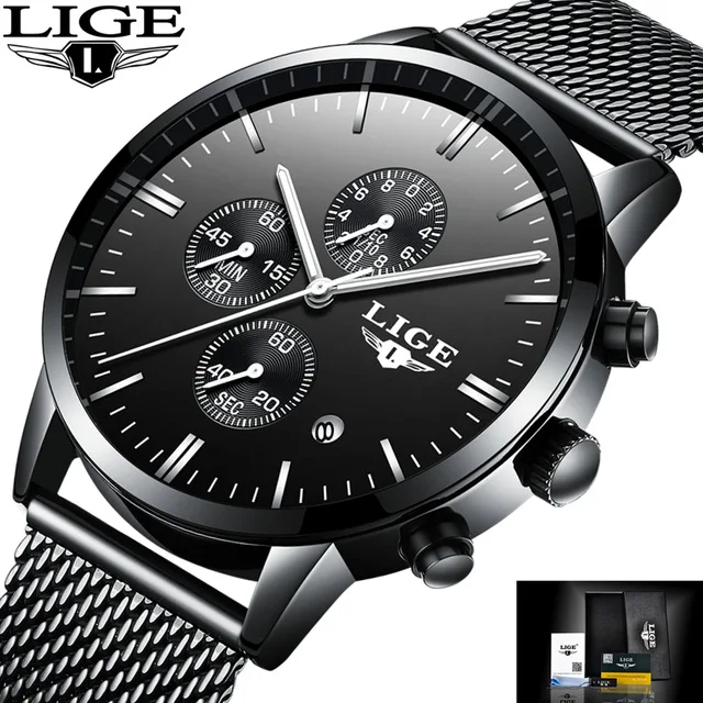 

LIGE Mens Watches Top Brand Luxury Business Quartz Watch Men Steel Mesh Strap Casual Waterproof Sport Watch Relogio Masculino
