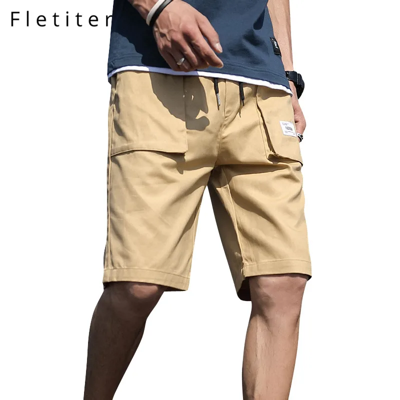 Мужские шорты со множеством карманов, летние свободные Бриджи на молнии, цвета хаки, серый, большие размеры, короткие штаны, повседневные хлопковые черные длинные мужские шорты-Карго