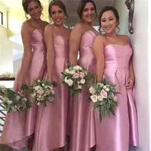 Rosa Brautjungfer Kleid 2016 Tee Länge Einfache Frauen-partei-kleid Vestidos De Festa Satin Abschlussball-kleider Kleid Für Hochzeit gast