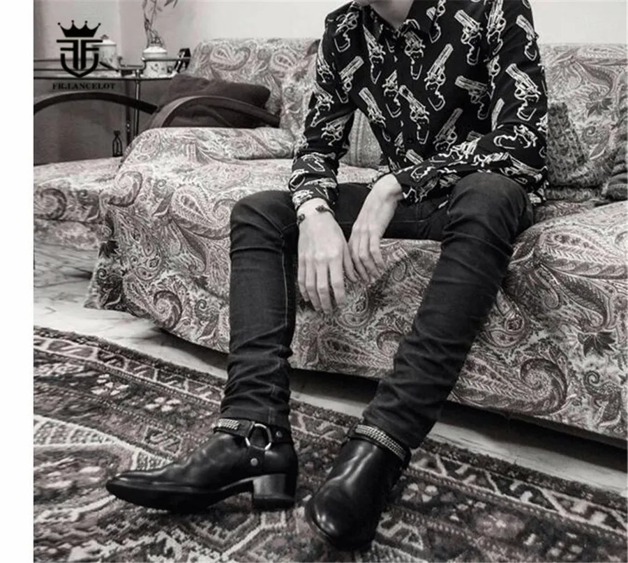 Реальное изображение; высококачественные классические черные мужские ботинки ручной работы из воловьей кожи с боковой молнией на танкетке; Wyatt Harry; джинсовые ботинки «Челси» с ремешком на щиколотке