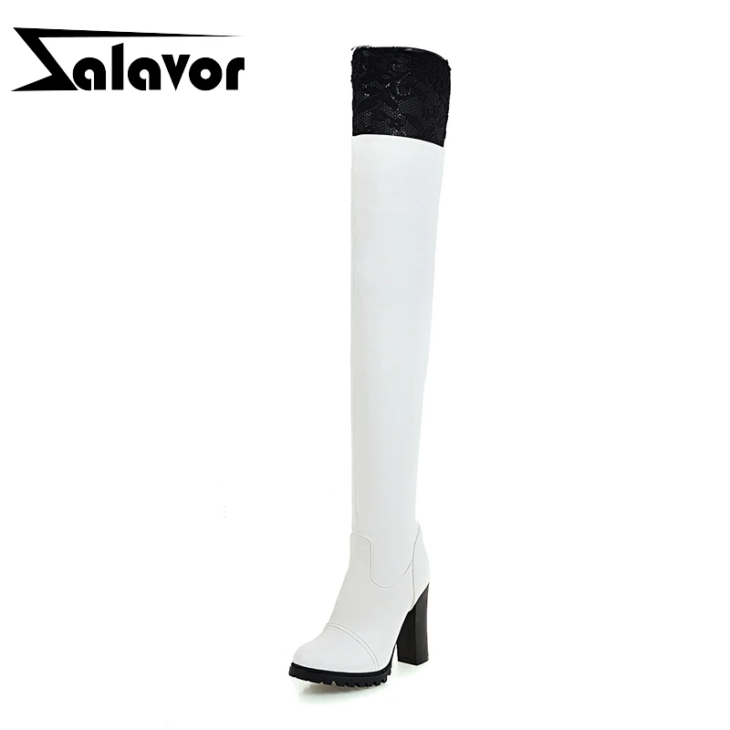 

ZALAVOR Women Over The Knee Boots Lace Slip On Square High Heels Thigh High Boots Winter Warm Women Long Boots Size 34-39