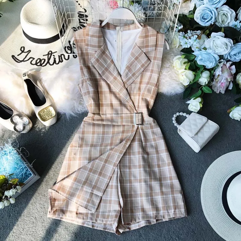 Summer Casual Plaid Romper Women Playsuit Chic Jumpsuits Sleeveless Bodysuit V-Neck Overalls For Women Combinaison Femme Summer Casual Plaid Romper Women Playsuit Chic Jumpsuits Sleeveless Bodysuit V-Neck Overalls For Women Combinaison Femme