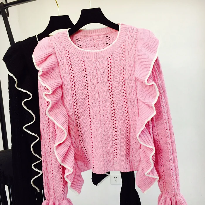 Best Price Hchenli Brand 2018 spring Women Pullover Sweater O Neck Pink Black Ruffle Front Panel Jumper Autumn Winter Basic Female Sweaters