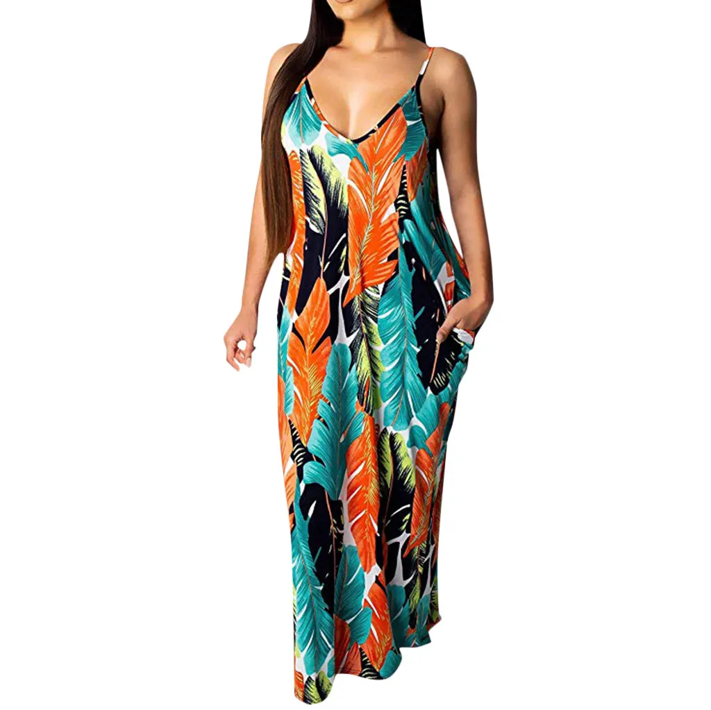 

Feitong Summer Casual Womens Dress V Neck Long Sleeveless Printing Pocket Dresses Spaghetti Strap Swing Vestido De Festa Longo