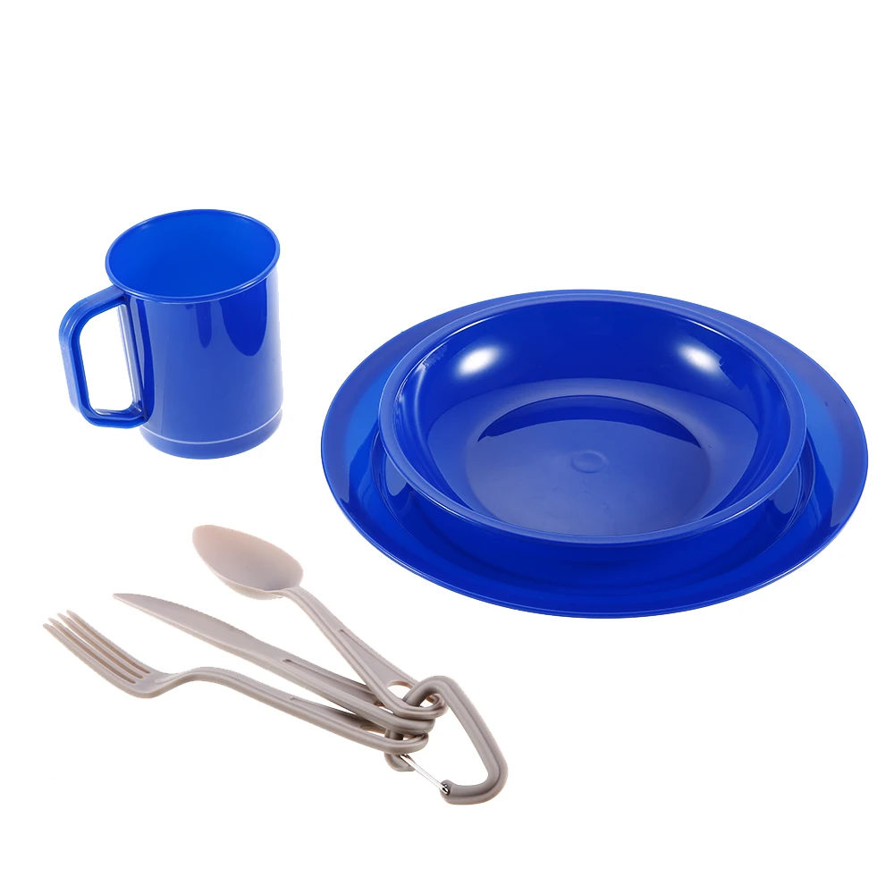 6pcs Plastic Tableware Spoon Mug Fork Cutter Plate Bowl Outdoor Camping