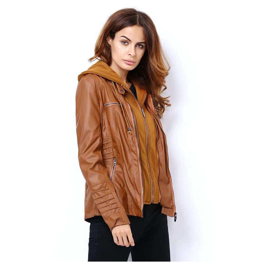 Кожаная куртка размера плюс XS-7XL, осенне-зимняя куртка с длинным рукавом на молнии, стильная тонкая куртка из искусственной кожи с отстегивающимся капюшоном для женщин
