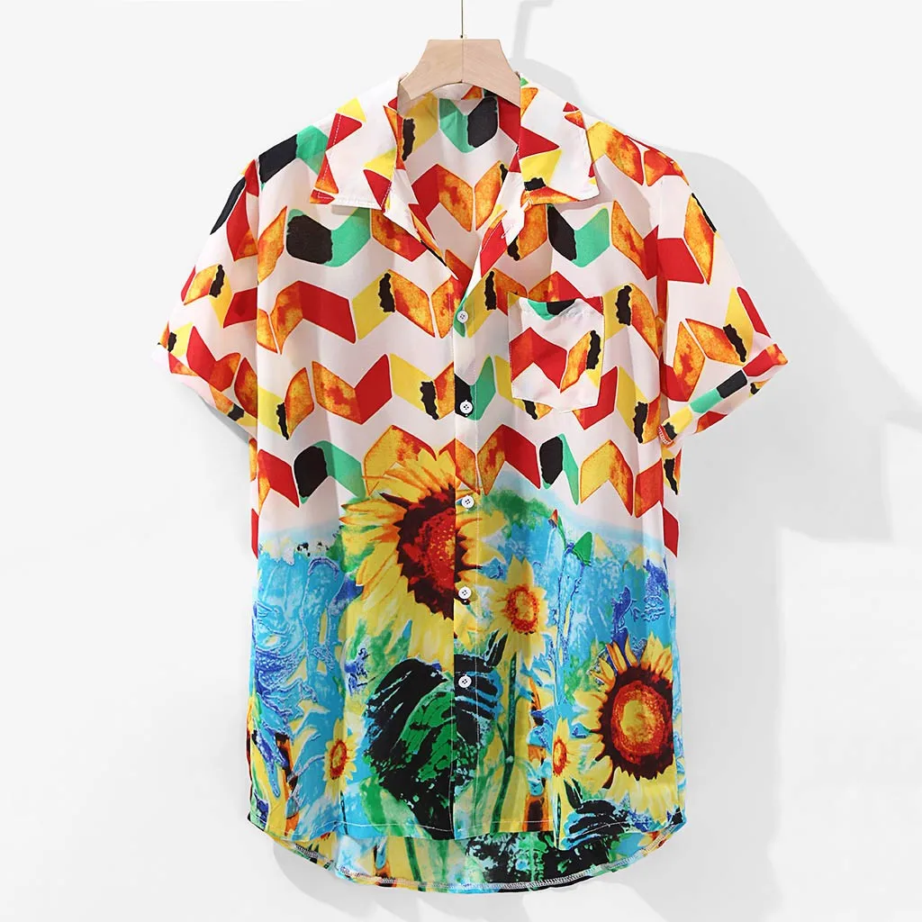 Мужская рубашка для отдыха Camisa, многоцветная, с нагрудным карманом, короткий рукав, круглый подол, свободные рубашки, блузка, Гавайские пляжные Топы