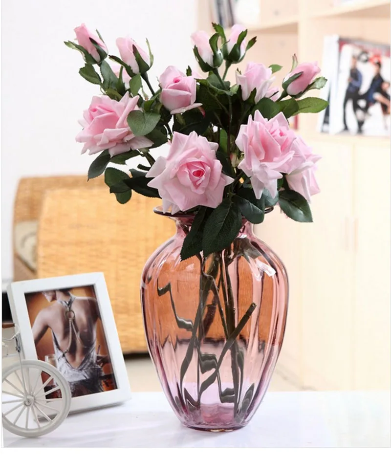Flone Artificial Flowers 3 Heads Rose High Emulated Floral Artificial Flower Bouquet Branch Wedding Party Home Dining Room Decor (3)