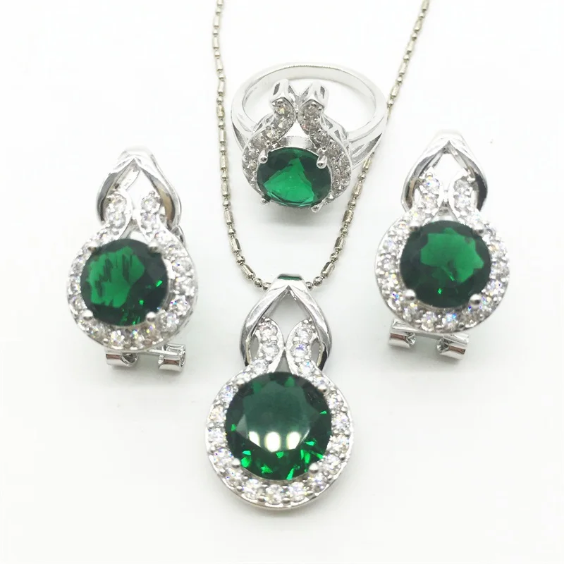 Excellent Green Green White color Jewelry Sets Women Sterling