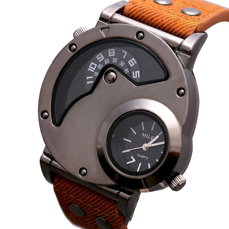 

Double Dial Men Watch Creative Quartz Wristwatch Men's Fashion Watches Soft PU Leather Strap Vintage Style Jewelry Cool Design