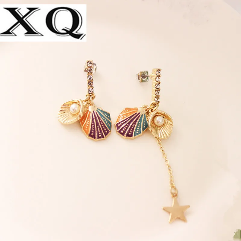 

XQ fashion ladies accessories 2019 new white artificial shell color stone red enamel water drop flower woman earrings