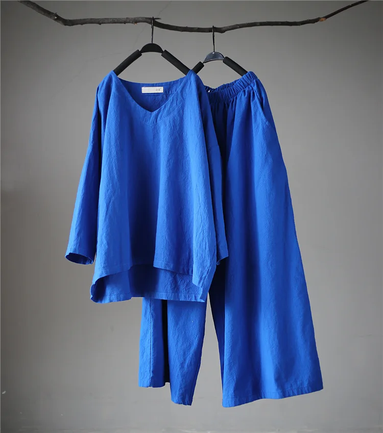 ORIGOODS, однотонные хлопковые льняные брюки, наборы, для женщин, плюс размер, летние широкие брюки, рубашка, наборы, женские топы, брюки, наборы, D035 - Цвет: Синий