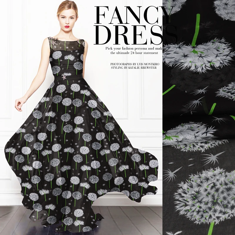 

1 meter printed chiffon fabric for sewing pure 6 momme Mulberry silk cloth width 53 inches dandelion cloth 1808