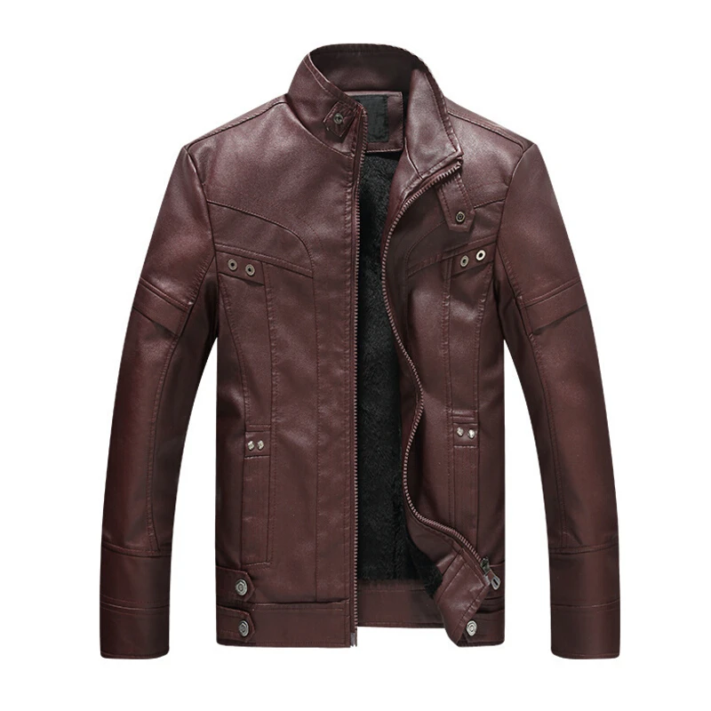 Fashion Men Motorcycle Leather Jacket Stand Collar Zipper Faux Fur Pu