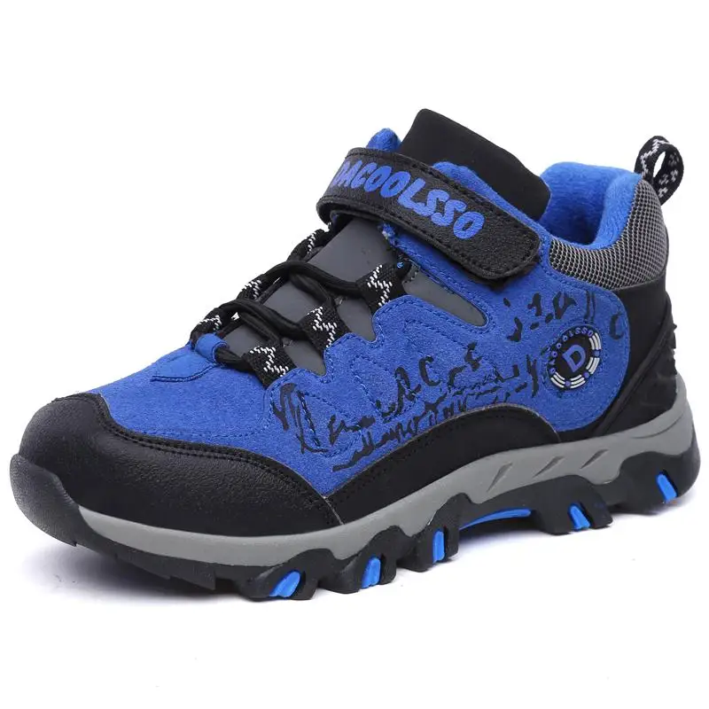 Зимняя детская спортивная обувь для мальчиков, уличные кроссовки для детей, походная обувь, нескользящая хлопковая ткань, резина, из искусственной кожи, водонепроницаемая, теплая - Цвет: Blue